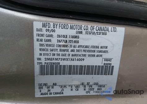 2001 Mercury Grand Marquis Ls из США, поврежденный, VIN 2MEFM75WX1X614009